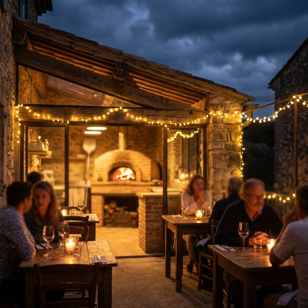 Ambiance chaleureuse de la pizzeria le soir, guirlandes dor&eacute;es et four allum&eacute;
