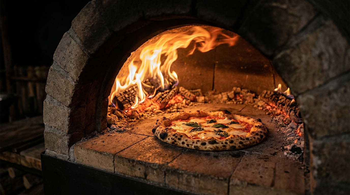 Four &agrave; bois en pierre, flammes orang&eacute;es et pizza margherita en cuisson