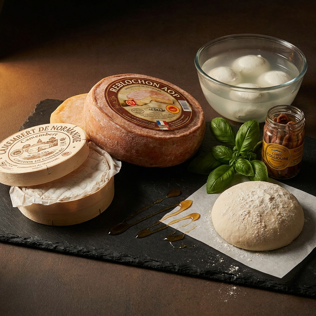 Fromages AOP, mozzarella di bufala, basilic et p&acirc;te &agrave; pizza sur ardoise