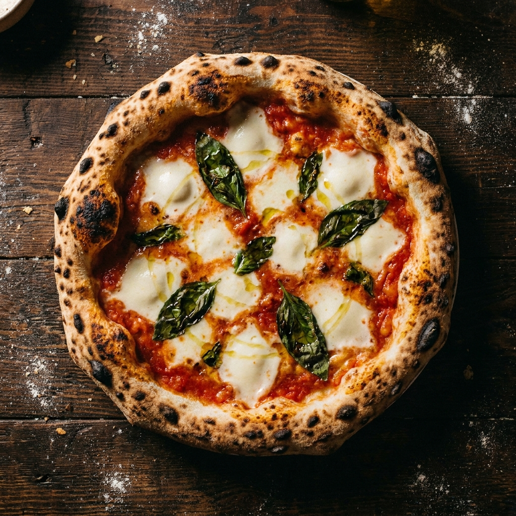 Pizza margherita au feu de bois, cro&ucirc;te charbonn&eacute;e et basilic frais